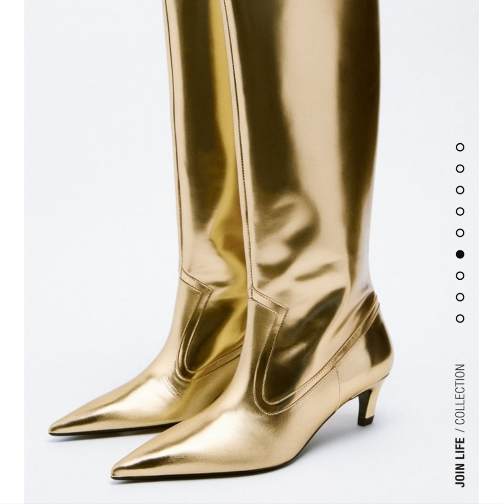 Zara NWT 38 7.5 Gold metallic patent leather boots cowboy heels patent barbie - Picture 3 of 13